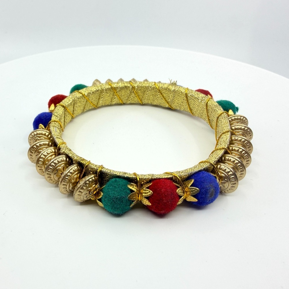 Vintage Boho Gold Pom Pom Bangle Bracelet - Colorful Tribal Festival Style